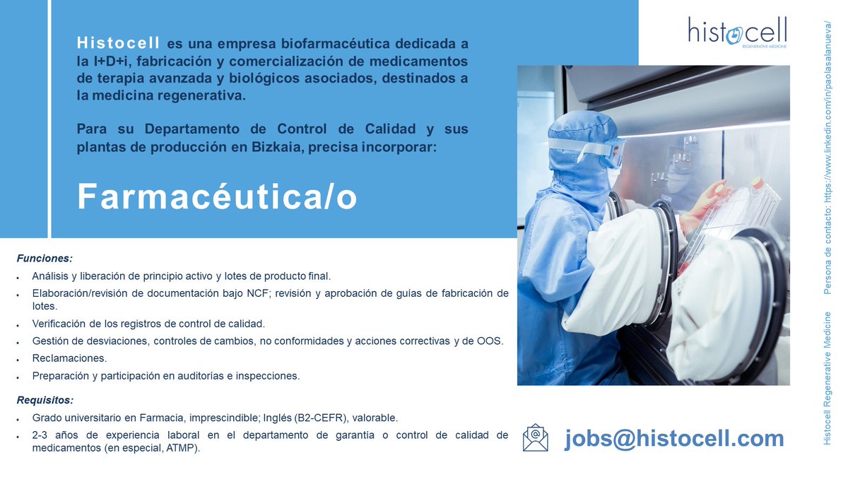⁉️ ¿Eres farmacéutica/o? ¿Tienes experiencia en #calidad? ¡Te queremos en el equipo de <a href="/histocell/">Histocell</a>!👥
#industriafarmacéutica #medicinaregenerativa
#terapiasavanzadas #biotecnología
#empleo #OfertaDeEmpleo #anunciodetrabajo