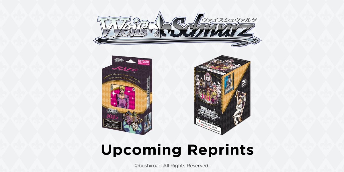 Due to popular demand, we are excited to announce that pre-orders for the reprint of Trial Deck+ &amp; Booster Pack JoJo's Bizarre Adventure: Golden Wind have begun!

🔗 bit.ly/reprints-jojo-…

Do check with your nearest local game shops today for more information.

#WeissSchwarz