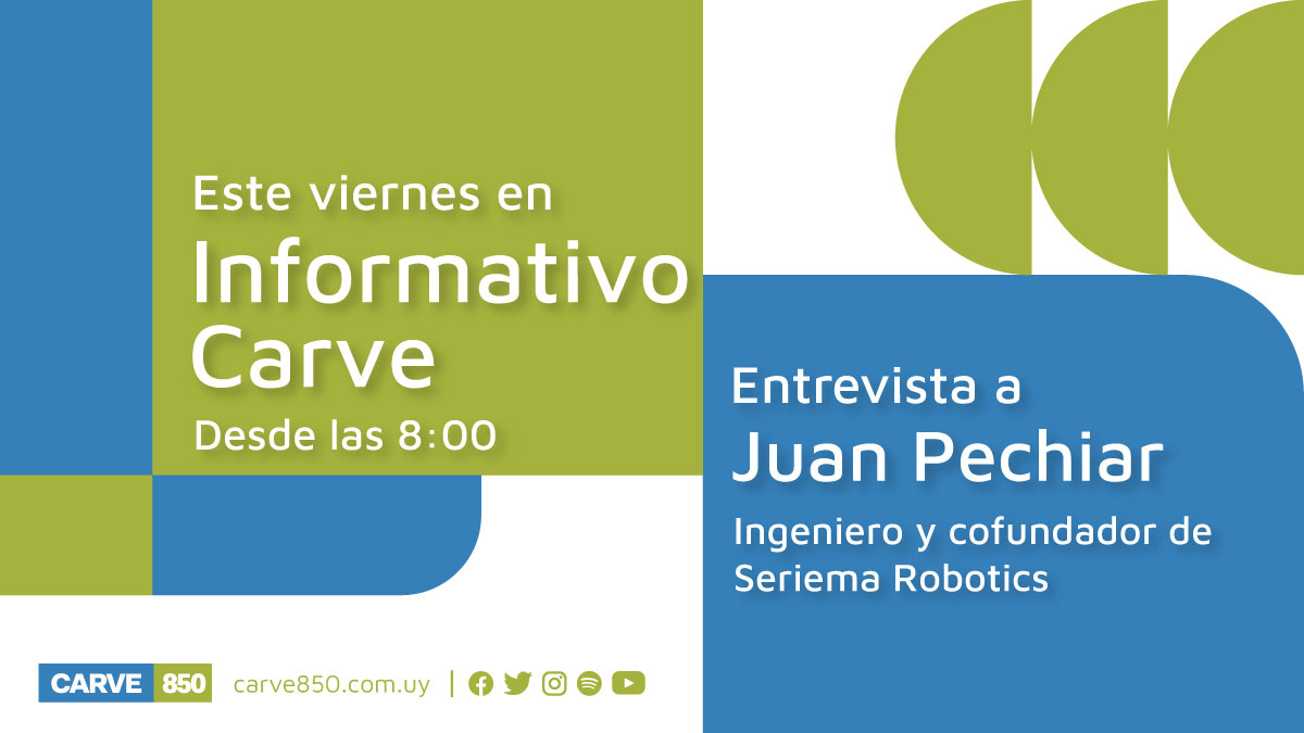 Radio Carve 850 AM (@carve850) on Twitter photo 🎙 #Ahora | Entrevista al ingeniero Juan Pechiar, cofundador de Seriema Robotics, en  <a href="/InformaCarve850/">Informativo Carve</a> 
📻 850 AM | 104.3 FM | 101.5 FM en Punta del Este
🔊 carve850.com.uy/radio
📲 <a href="/carve850/">Radio Carve 850 AM</a> 🎙 #Ahora | Entrevista al ingeniero Juan Pechiar, cofundador de Seriema Robotics, en  <a href="/InformaCarve850/">Informativo Carve</a> 
📻 850 AM | 104.3 FM | 101.5 FM en Punta del Este
🔊 carve850.com.uy/radio
📲 <a href="/carve850/">Radio Carve 850 AM</a>