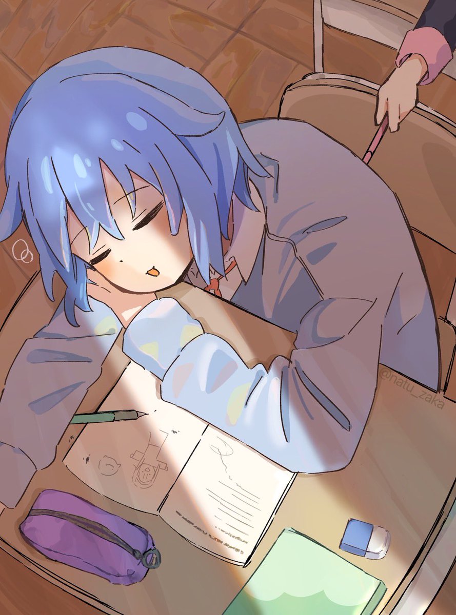 blue hair desk pencil multiple girls sleeping eraser 2girls  illustration images