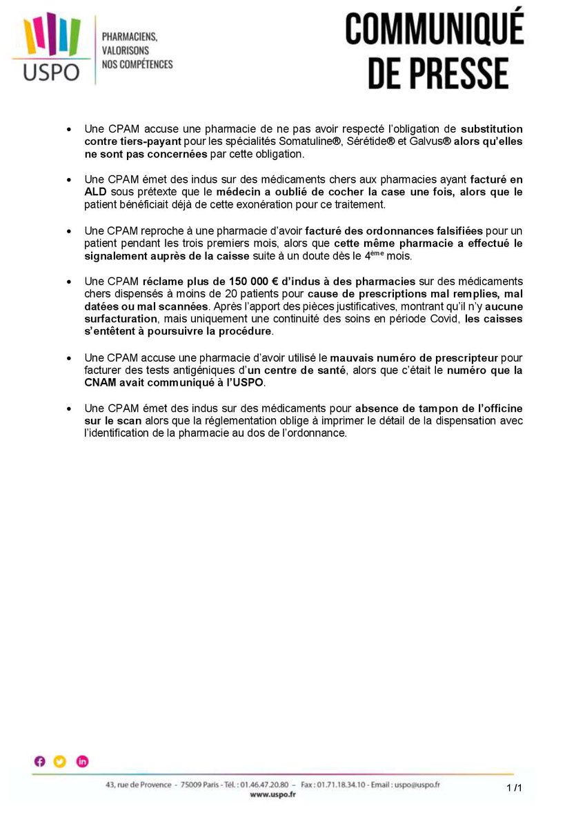 USPO_Pharmacies's tweet image. Harcèlement administratif : l&apos;USPO dénonce les méthodes abusives de certaines CPAM

Retrouvez le dernier communiqué de presse de l&apos;USPO