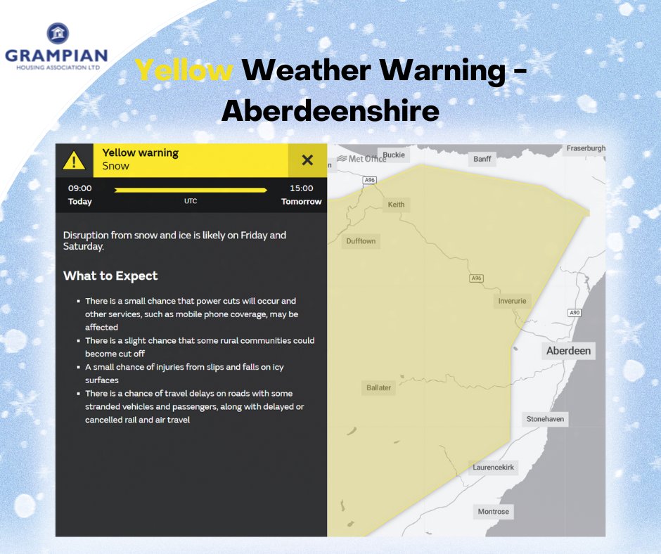 ❗️🌨️ YELLOW WEATHER WARNING - ABERDEENSHIRE 

The @metoffice has issued a Yellow weather warning for snow in parts of Aberdeenshire.

#GrampianHA #TenantInfo #WeatherWarning #StaySafe