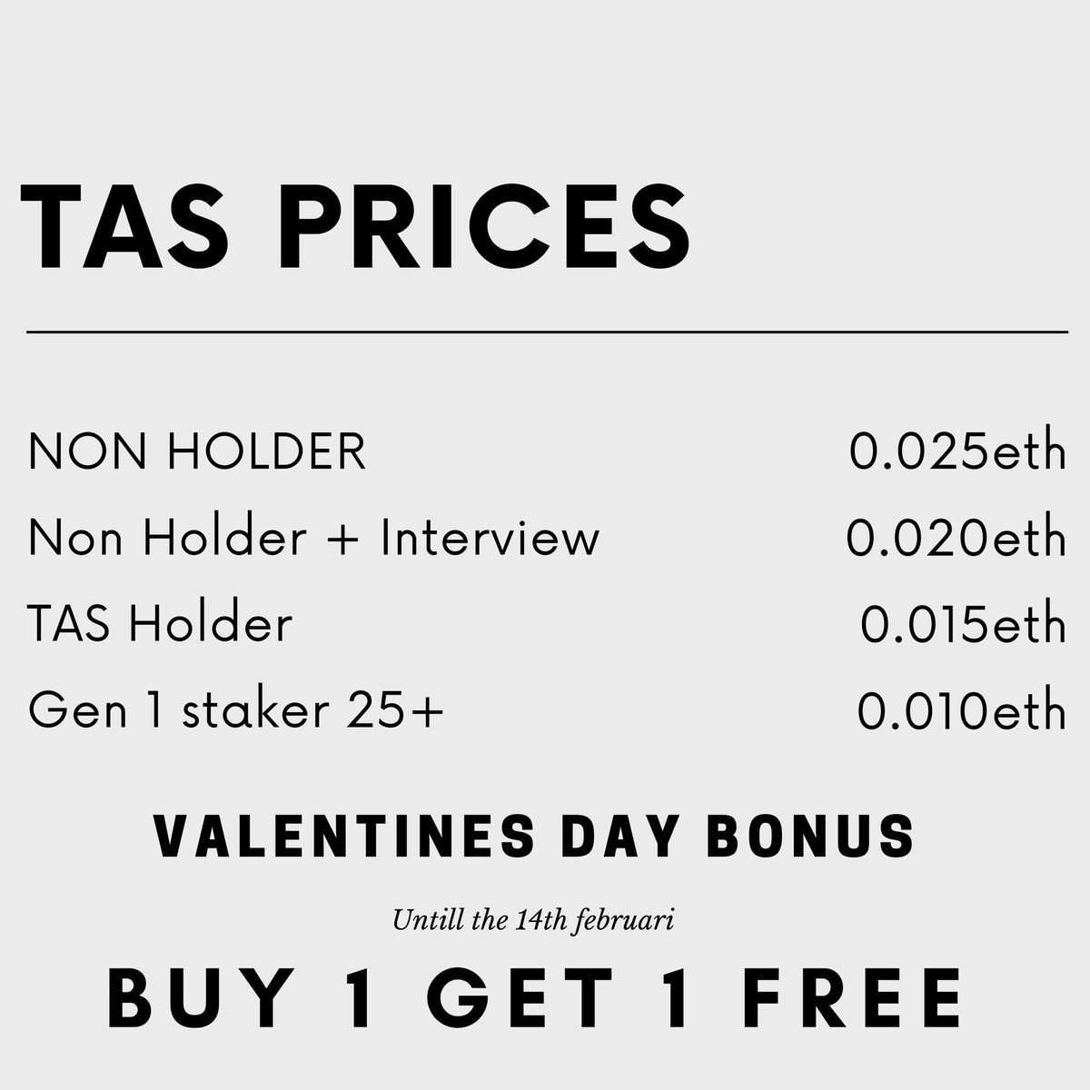 GM Degens and Degenettes, TGIF 🎉

Massive buy in opportunity at <a href="/TAS2_0/">TAS 2.0⌚️</a> as the key is to grow the community in numbers! ⌚️

Current floor price .28 but we have around 800 NFT’s left in the community vault! 🧳

These ‘Lost Ones’ come home in batches of 101 led home by a time