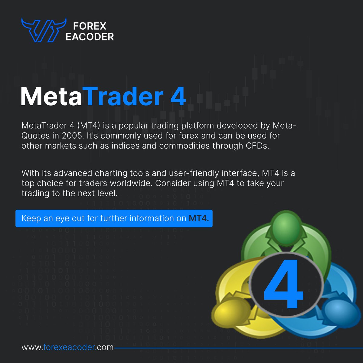 forexeacoder's tweet image. Elevate Your Trading Game with MetaTrader 4 (MT4) 🌟💼 Unleash the power of this renowned platform, trusted by traders worldwide since 2005. 🚀

#MetaTrader4 #TradingPowerhouse #ChartingSuccess #NextLevelTrading