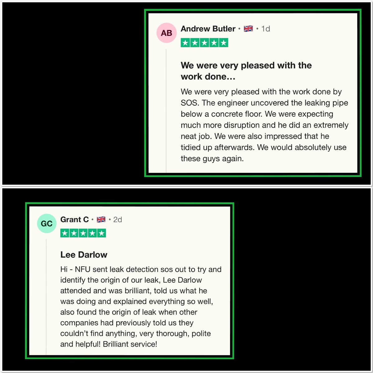 More fantastic reviews left for us on @Trustpilot this week! Here is just a snapshot - thank you to everyone who has taken the time to post a review. Well done to the team for these fantastic comments - very proud! #TeamSOS #TrustPilot #TrustPilotReviews #LeakDetection #Leak