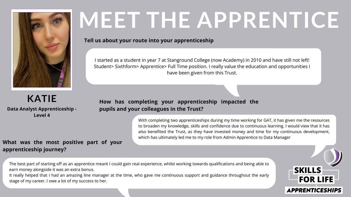 GreenwoodAcad's tweet photo. Katie was a pupil at @StangroundAcad in Peterborough and has studied via two apprenticeships to become a Data Manager at Stanground Academy.
#MeetTheApprentice #NAW2024 #CelebrationFriday
(2/3) https://t.co/wAnw8DYyid