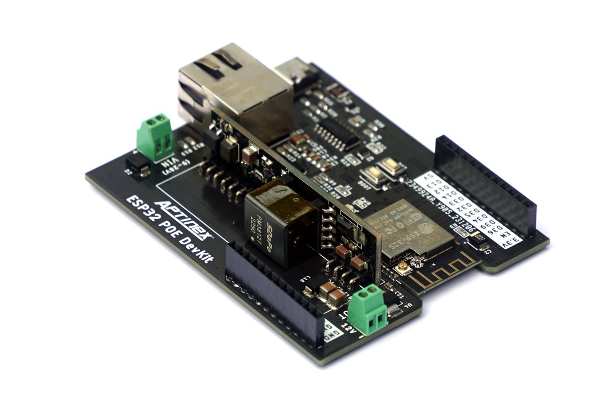 Aptinex's tweet photo. "Aptinex IsolPoE ESP32 ProDev Kit": a tech-packed board featuring isolated PoE for safety, high-speed LAN8720A Ethernet, and versatile GPIOs. Ideal for developers pushing the boundaries of connectivity and performance.  
https://t.co/5LnErBukAQ
#Aptinex @MicrochipMakes @iot https://t.co/c3528SRzBU