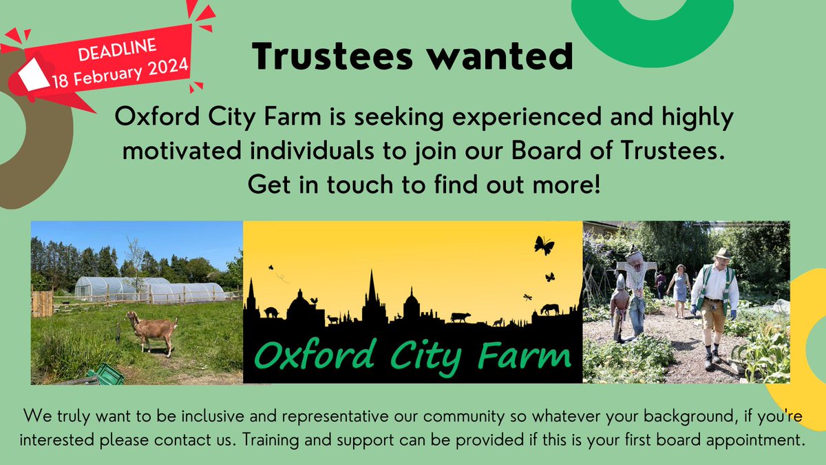 We want to grow our trustee team - could you be our next Chair of Trustees? Expressions of interest by 18 February. To find out more  visit: oxfordcityfarm.org.uk/latest-news/tr… Please RT!