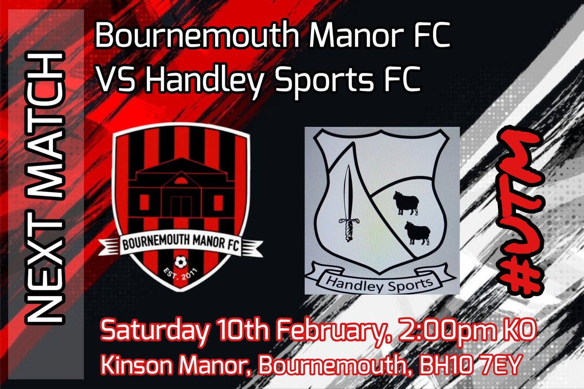 Next up for the Manor lads is a home fixture against Handley Sports FC (weather permitting as always). 

After last week's disappointment, we've got to have a reaction, the lads will be ready to get back on track. 
 #wearebournemouthmanor #UTM🔴⚫