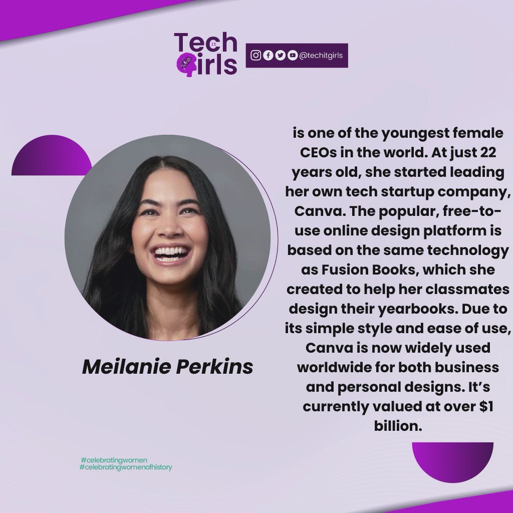techitgirls's tweet photo. As the week comes to an end meet the CEO of the popular design app(Canva) Meilanie Perkins.
Are you on your way to give up, think of Meilanie as a new inspiration🦋💪
Cc: @canva
@meilanieperkins
#techitgirls #tgif #canva #womenintech https://t.co/6kCcsRuR1G