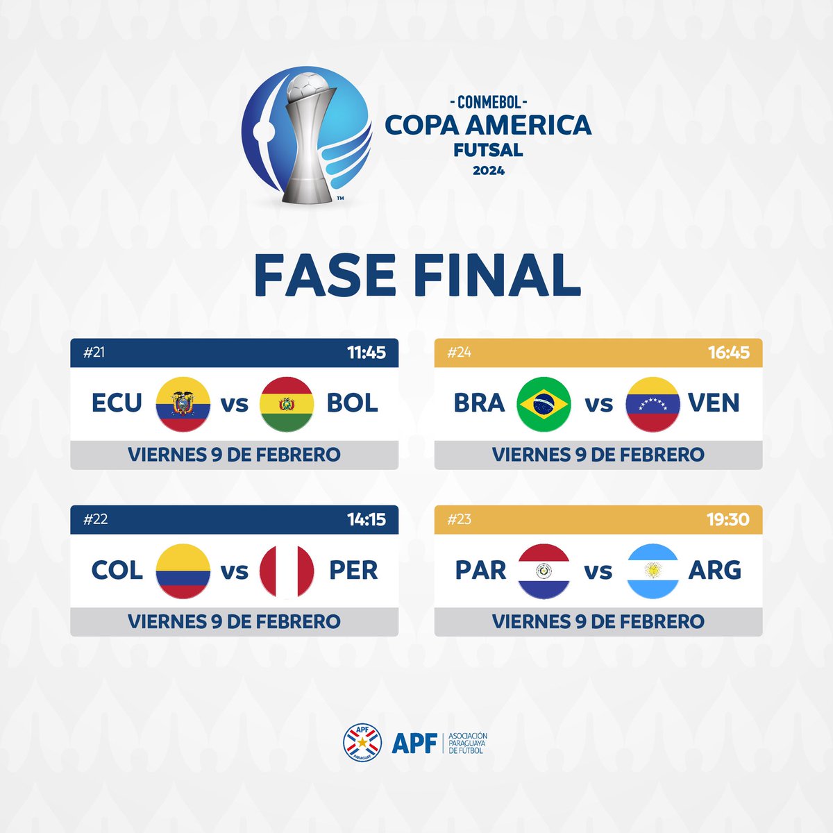 Día de definiciones en la <a href="/CONMEBOL/">CONMEBOL.com</a>  #CopaAmérica™. 
Estos son los partidos del día de hoy en el Arena COP “Esc. Óscar Harrison”. 
#CAFutsal