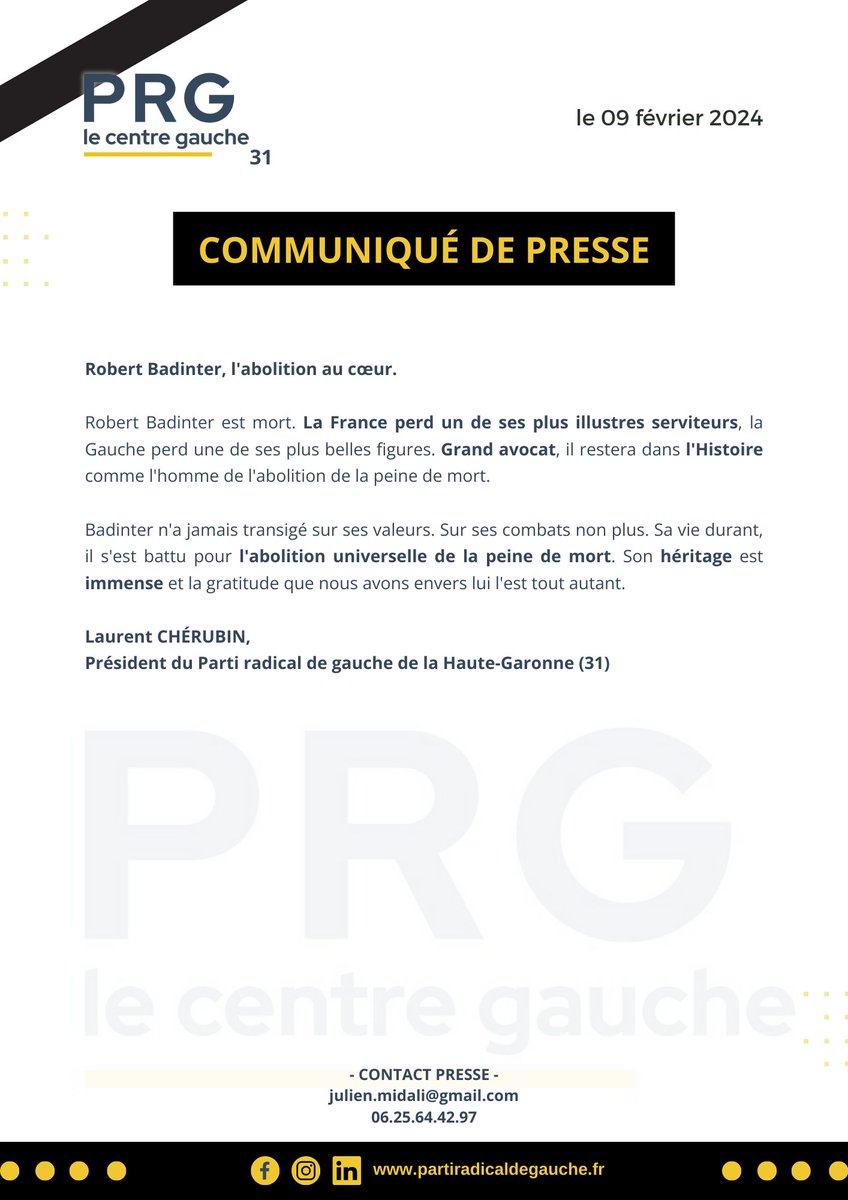 PartiRadicalG31's tweet photo. • • • 📰 COMMUNIQUÉ DE PRESSE (09.02.2024)

➡️ Retrouvez ici le communiqué de presse relatif à la réaction du #PRG31 à la suite du #décès de Robert #Badinter.

#occitanie #prg #partiradical #politique #hautegaronne#31 #toulouse #prg31 #robertbadinter #droitdelhomme https://t.co/Hm26LzOLWe