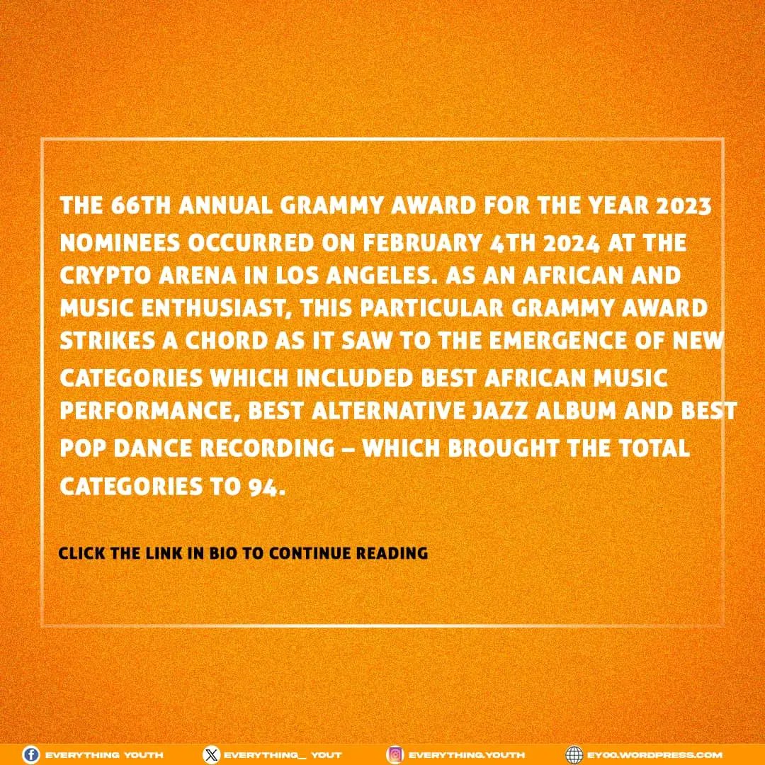 Everything_yout's tweet photo. The 66th Annual #grammyawards is remarkable for a lot of reasons. Click the link in bio to read. 

#everythingyouth #grammyawards #musicdiscovery #intution #positivity #spiritualawakening #asake #burnaboy https://t.co/zTjzvZ20kk
