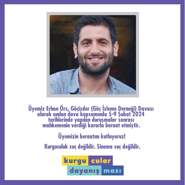 KurguDayanisma's tweet photo. Üyemiz Erhan Örs, Göçizder (Göç İzleme Derneği) Davası olarak anılan dava kapsamında 5-9 Şubat 2024 tarihlerinde yapılan duruşmalar sonrası mahkemenin verdiği kararla beraat etmiştir. https://t.co/7jsiMqtygt