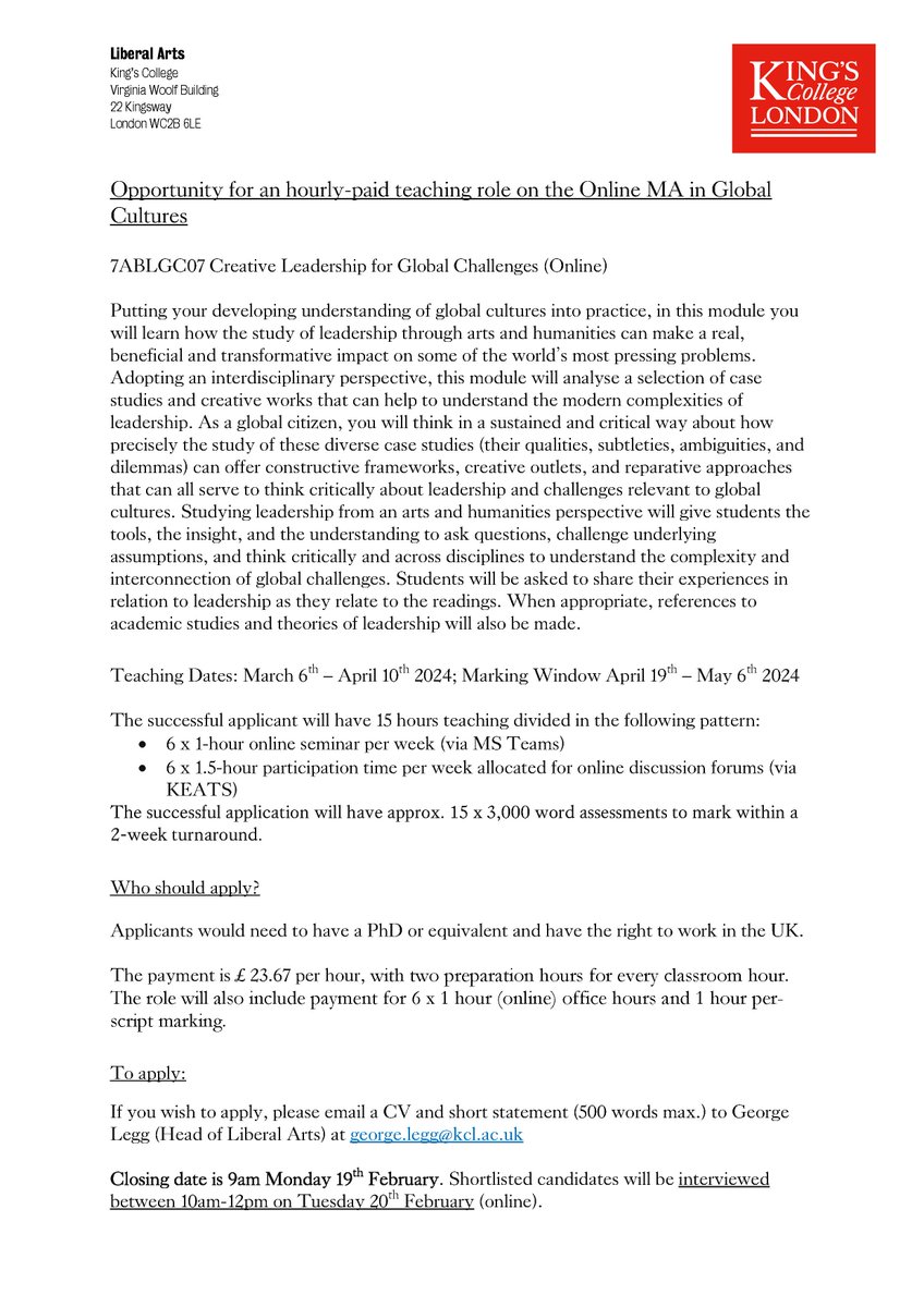kingsinterhums's tweet photo. 📢Opportunity for an hourly-paid teaching role on the Online MA in Global Cultures! For more info please see below. To apply please email your CV and a 500 word statement (max) to george.legg@kcl.ac.uk by 19th Feb. Interviews to take place online on 20th Feb. https://t.co/iYWXDl2BNJ