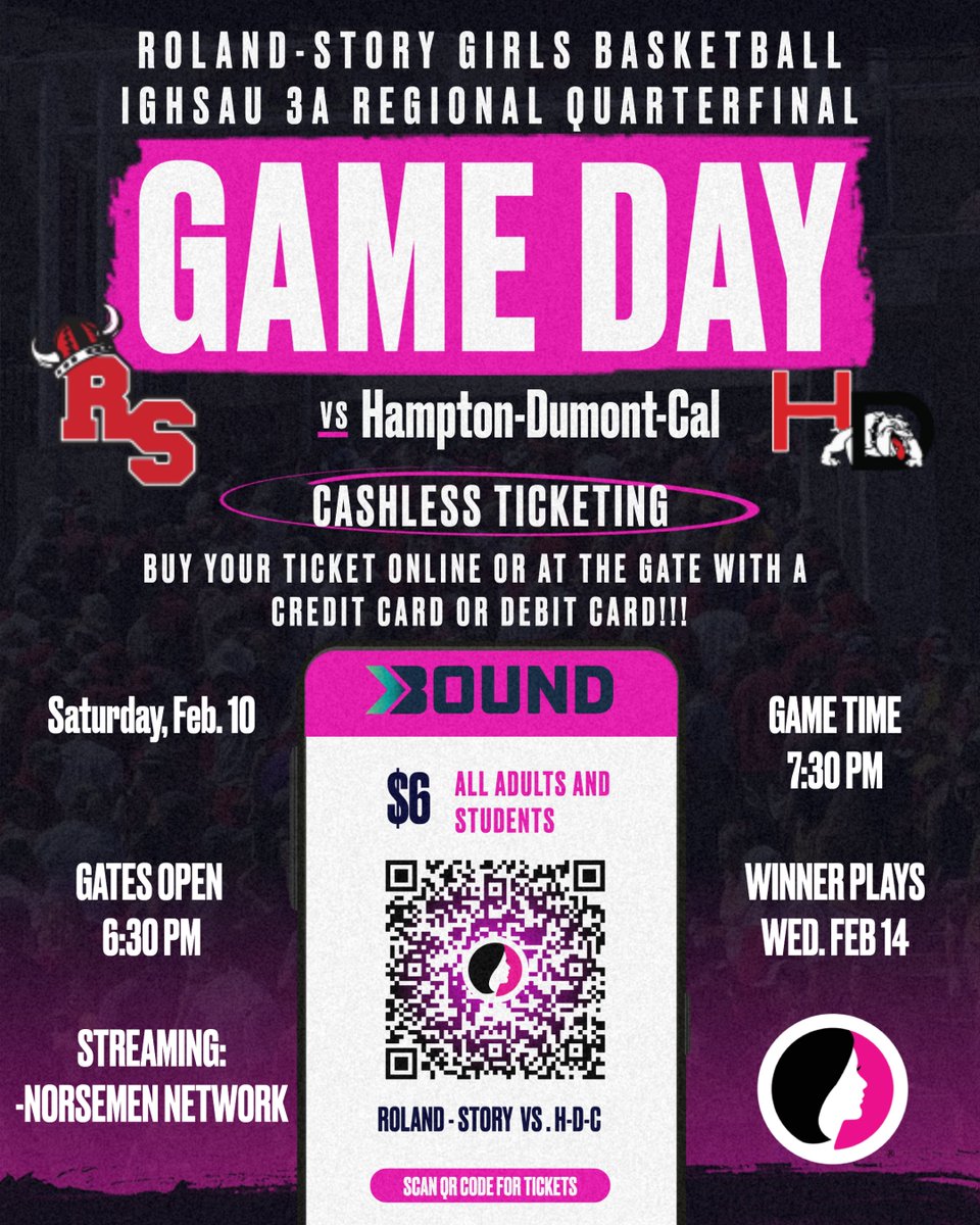 🚨IGHSAU 3A REGIONAL GAME DAY🚨
🏀 Roland-Story Girl's Basketball
📅 Saturday, Feb. 10
🆚 Hampton-Dumont-Cal
📍 Roland-Story High School
⌚️ 7:30 PM Game Time (6:30 PM Doors Open)
🎟️ tickets.gobound.com/tickets/events…
🎧 norsemennetwork.com