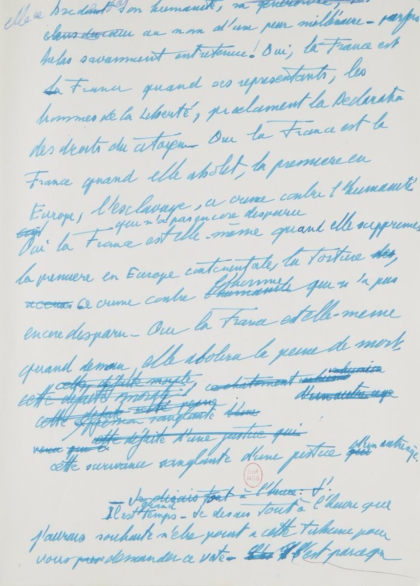 "Parce qu'aucun homme n'est totalement responsable, parce qu'aucune justice ne peut être absolument infaillible, la peine de mort est moralement inacceptable."
Le manuscrit du discours de Robert Badinter le 17 septembre 1981 à <a href="/AssembleeNat/">Assemblée nationale</a> est sur Gallica.c.bnf.fr/Txr