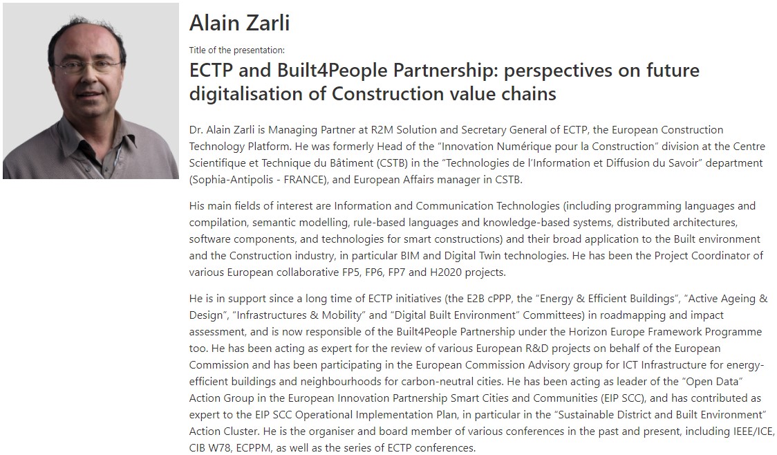 Nice to share that an insightful keynote presentation at Digital Building Permit Conference 2024 will be given by Dr. Alain Zarli with the title of 'ECTP and Built4People Partnership: perspectives on future digitalisation of Construction value chains'. eu4dbp.net/dbpc24/