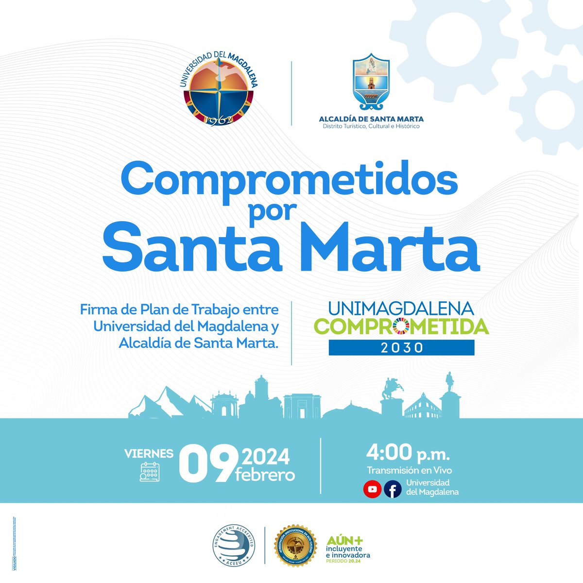 Unimagdalena's tweet photo. ¡Comprometidos por Santa Marta! 🤍🩵 

Únete HOY a la transmisión en vivo de la firma del convenio marco de cooperación entre la @SantaMartaDTCH y nuestra Alma Mater, que crea sinergias para sembrar la Ciudad de los 500 años.

⏰4:00 p.m.
📲 https://t.co/Xm59g4abOe

#PrográmateUM https://t.co/tGrcHSu9u5
