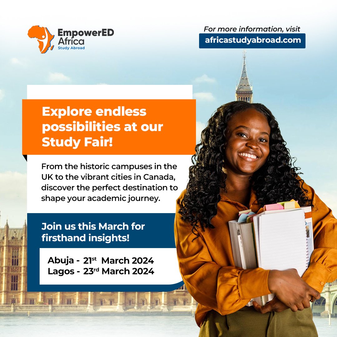AfricastudyED's tweet image. Feel the excitement, mark your calendar and join us this March for an unforgettable adventure!

#studyabroad #studyfair #Canada #UK #2024studyabroad