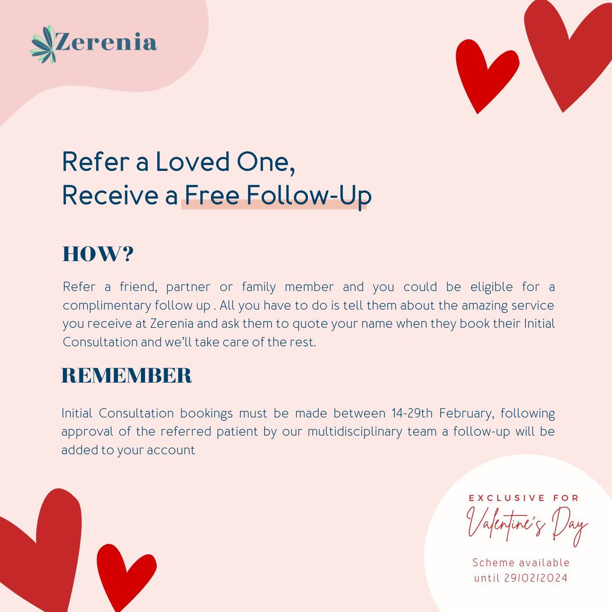 ZereniaClinic's tweet photo. Love is in the air, and at Zerenia, we're spreading the love with our special campaign! Refer a loved one to us this month and receive a free follow-up. 
#Healthcare #SaintValentine #Zerenia #PatientFirst https://t.co/QkJUqqgbyD