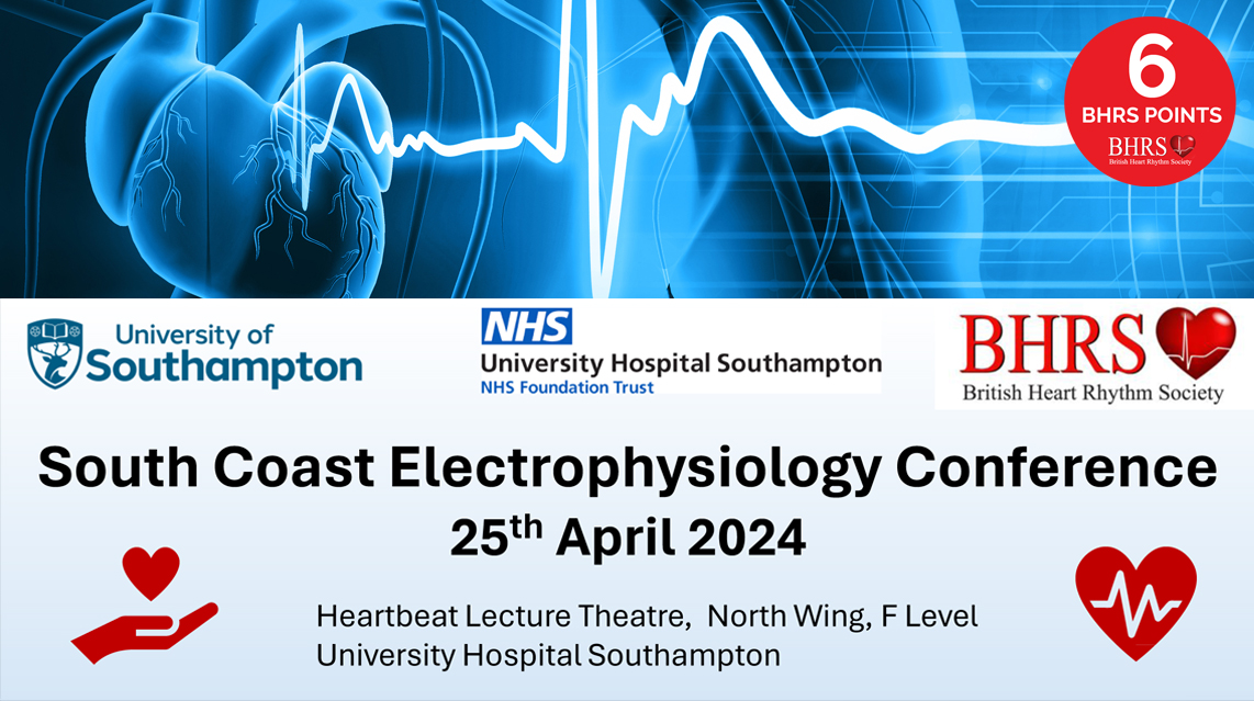 📢 The South Coast Electrophysiology Conference will be held on April 25 in Southampton.

🎯Aimed @ Consultant Cardiac Electrophysiologists, EP Fellows, Registrars, GPs with a cardiac rhythm interest, cardiac physiologists, &amp; arrhythmia nurses.

More info👉bhrs.com/south-coast-el…