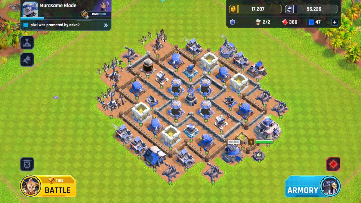 HQ5の施設一通り立て終わってたので配置公開
今はオイルタンク防衛を重視した配置にしていますが、HQ6を目指すときは金庫を中心に持ってくる予定
金庫や油庫が空の場合は採掘施設を壁の内側に入れてもよさそう

壁はまだ貧弱ですが、防衛施設は中々強力。
HQ4の攻撃はある程度防げそうです
#Mavia