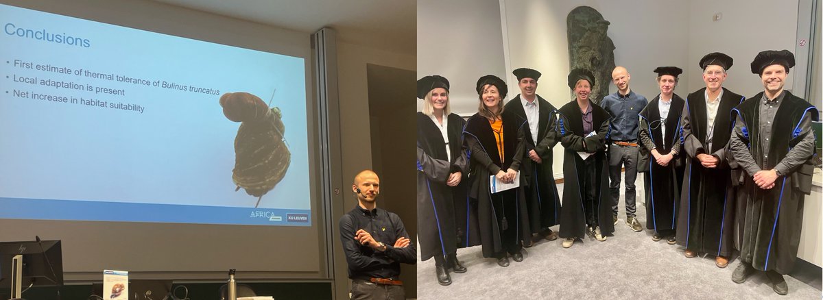 Congratulations to doctor Tim Maes for successfully defending his PhD on snail distribution in a warming climate, impacting #schistosomiasis spread. A big thank you to @ASStensgaard @JeromeBoissier and @liesjacobs1 for acting as an excellent jury and their enlightening talks