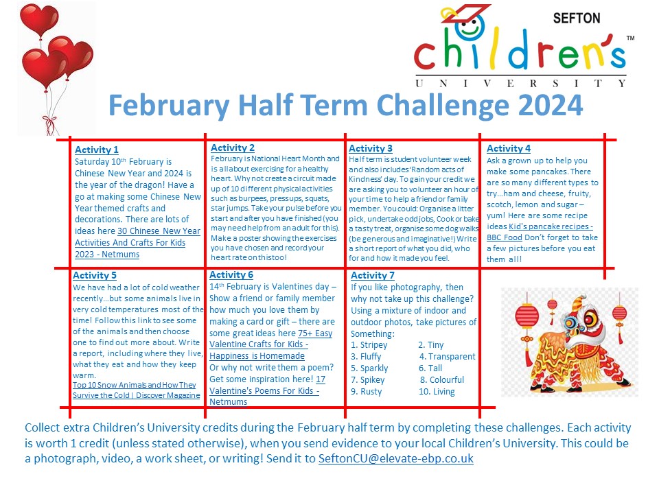 Here is our February half term challenge! 7 different activities, each worth 1 credit. Send your evidence to the e-mail address on the sheet, or take it into school after half term! #LearningforFun #Creative #Fitness #NewSkills