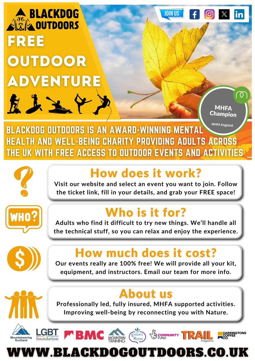 Our FREE outdoor events are coming fast! Designed to improve your mental health, our events are aimed at adults who find that their wellbeing is making inclusion difficult. Full support & equipment included. Visit our Linktree and grab a free adventure- linktr.ee/blackdogoutdoo…