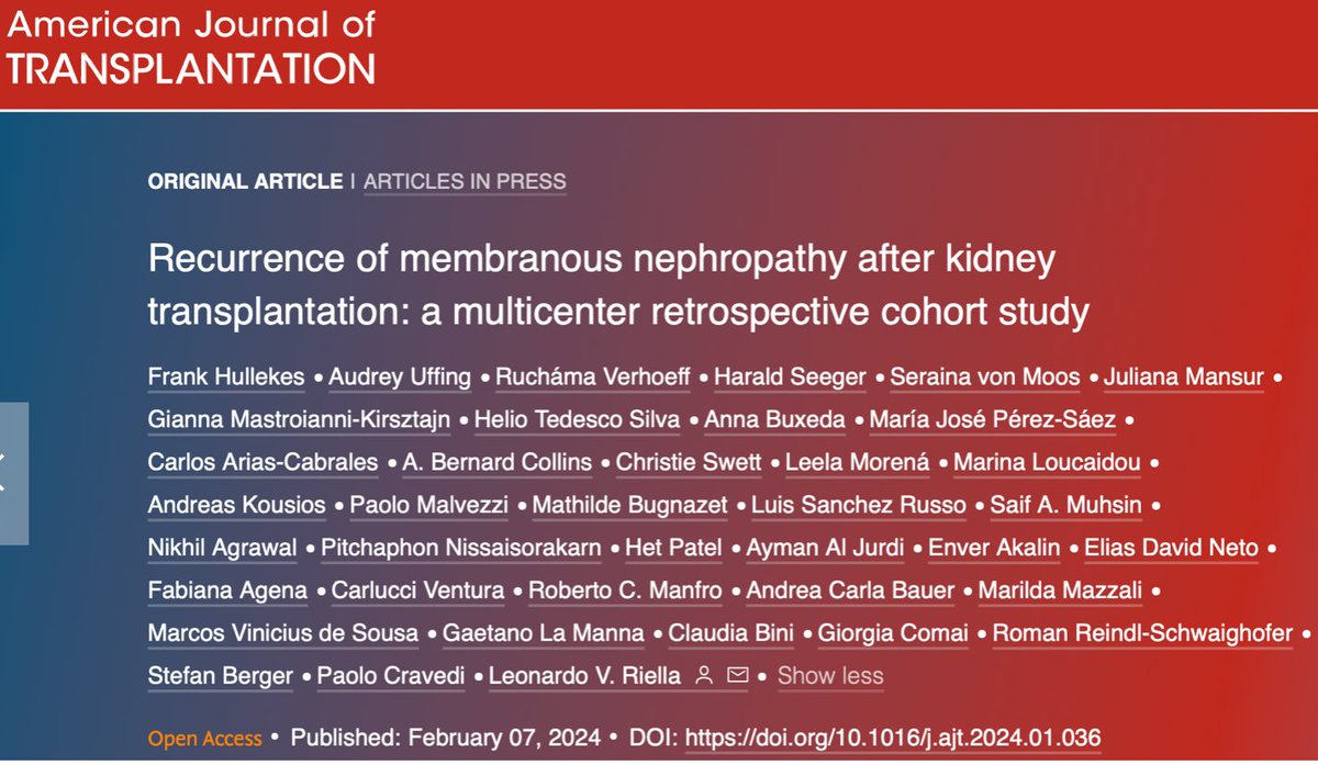 1/7 Thrilled to share our <a href="/amjtransplant/">American Journal of Transplantation</a> paper (amjtransplant.org/article/S1600-…) on membranous nephropathy (MN) recurrence, part of the TANGO Consortium. Emphasizing serum PLA2R antibody testing pre-transplant to identify high-risk patients for recurrence. Thanks to our collaborators 🙌🏻