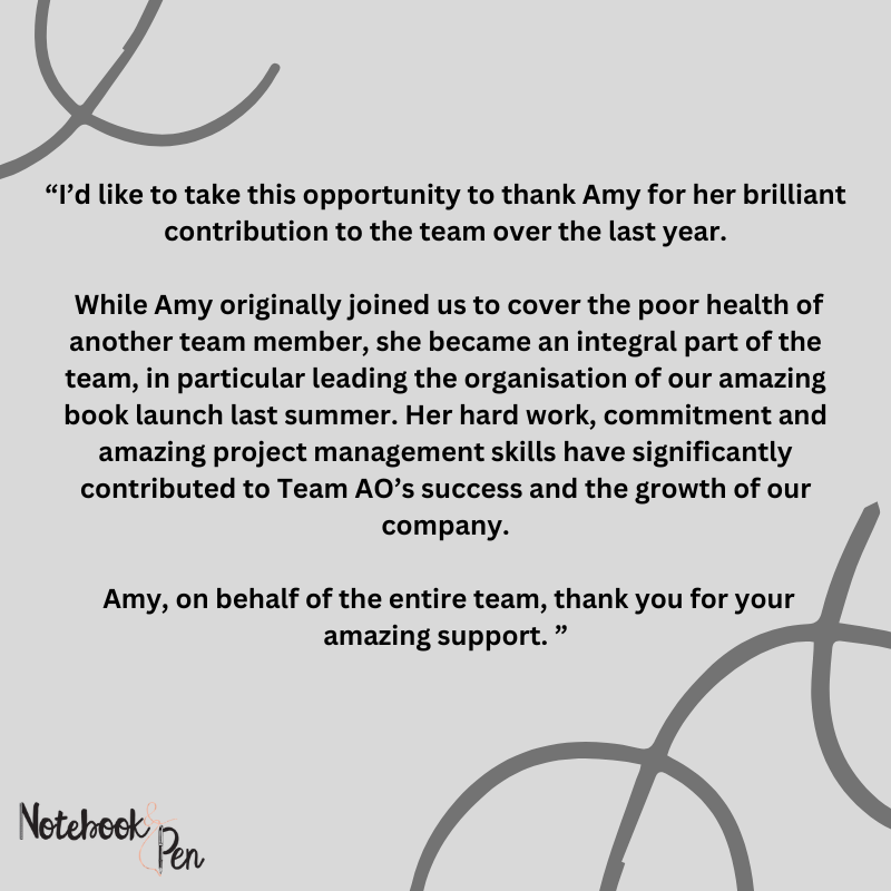 Notebookand_Pen's tweet photo. The most wonderful words shared by @antoinetteog 

Amy had the absolute pleasure of working together with Antoinette and Team AO, on a book launch, two rounds of recruitment, ongoing business support and planning, research and lots more...

#businesssupport #VA #virtualassistant https://t.co/IgQST5bL9j