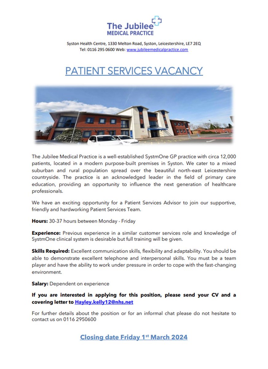 We are hiring!
We have an exciting opportunity for a Patient Service Advisor to join our supportive, friendly and hard working Patient Services Team.
If you are interested in applying for this position, please send your CV and a covering letter to Hayley.kelly12@nhs.net.