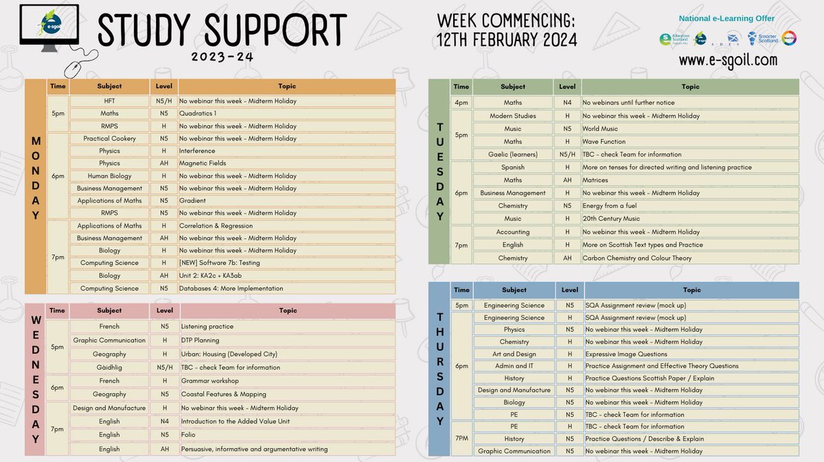 Detail of the topics to be covered next week in our live Study Support webinars can be found below and on our website here bit.ly/49ZZWsa
Please note that due to the mid-term holiday some webinars will not run next week. 
#NeLO #SeniorPhase #StudySupport