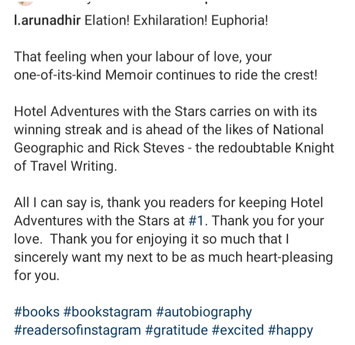 Hotel Adventures with the Stars  - the delightful, one-of-its-kind Memoir based on Hotels and Celebrities, continues its winning streak and rides the crest at #1.

Ahead of #Nationalgeographic's Bucket List Family Travel and #ricksteves' Italy!
Thank you!!!