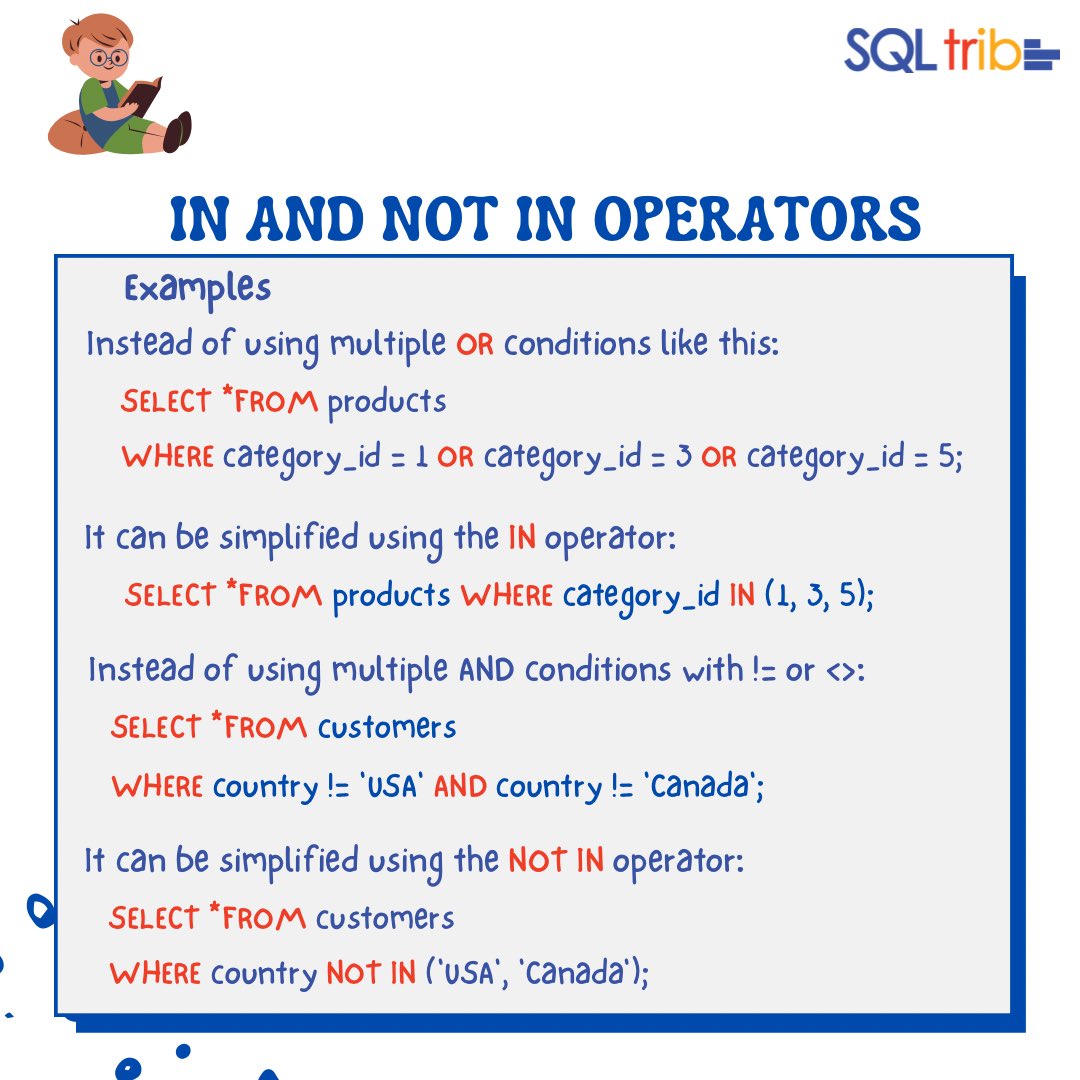 thesql_tribe's tweet image. The IN and NOT IN operators are used to filter datasets based on specific conditions, which makes your queries more efficient and easy to read.
See examples of how they are used differently in a query in the second slide😊.
#thesqltribe #learnsql #sqloperators