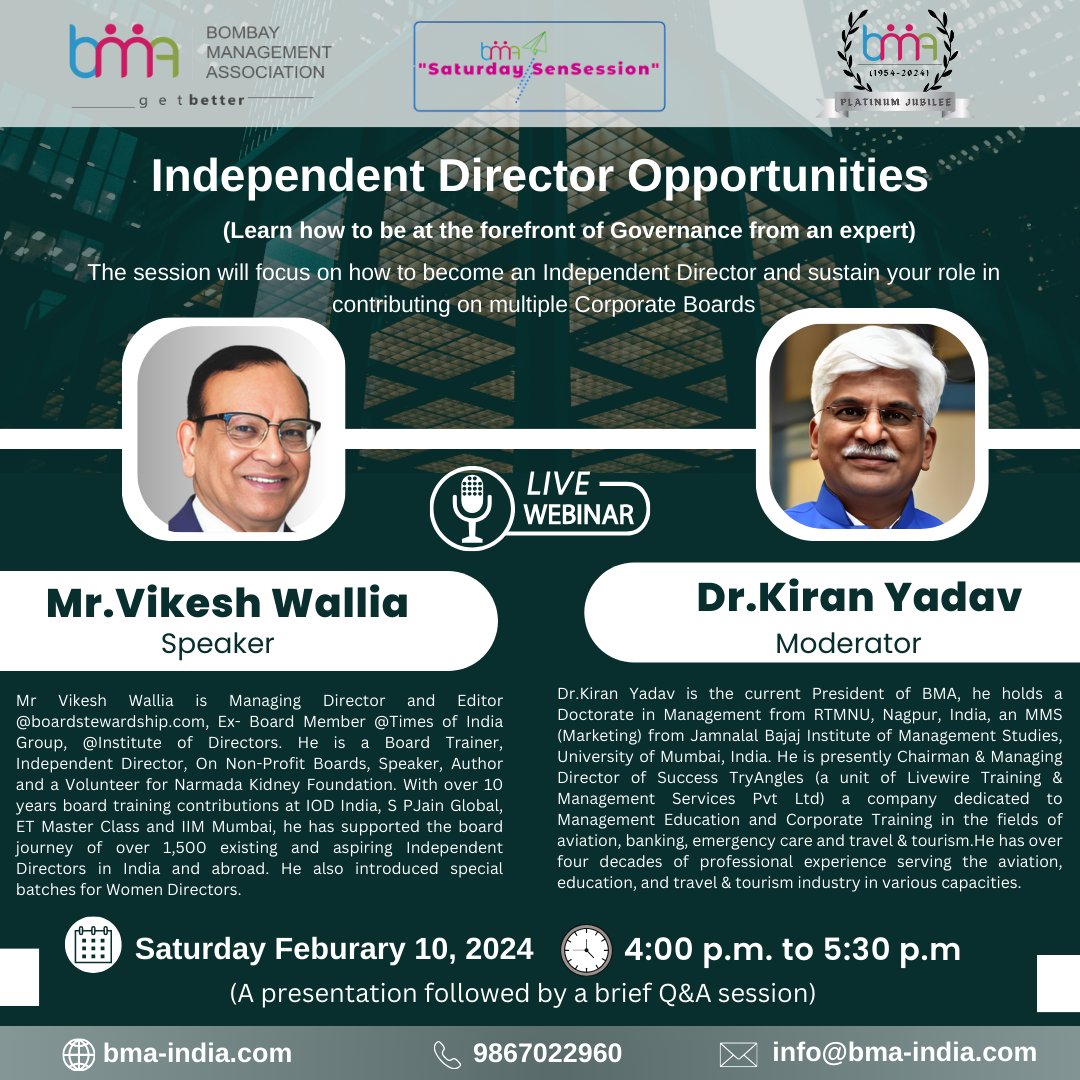 Topic:Independent Director Opportunities
Speaker: Mr.Vikesh Wallia
Moderator: Dr.Kiran Yadav

FREE WEBINAR BUT REGISTRATION IS MANDATORY.

Please click the link below to register:
forms.gle/91zvTvFjqHWNDm…

#directoropportunities #livewebinar #independentdirector #India