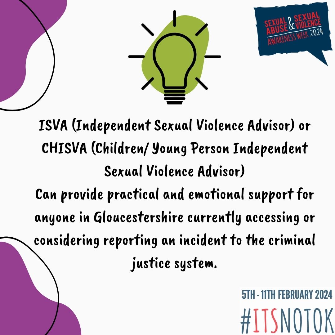 Day 5 of Sexual Violence Awareness Week and we wanted to talk about our ISVA/ CHISVA service. This is for anyone in Gloucestershire who is currently accessing or considering reporting an incident to the criminal justice system.
#ItsNotOk #sexualviolenceawarenessweek #vawg