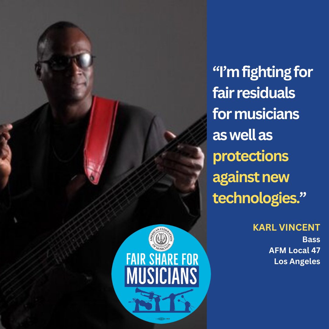 “I’m fighting for fair residuals for musicians as well as protections against new technologies.” #fs4m Karl Vincent, Bass @afmlocal47 @afm_union