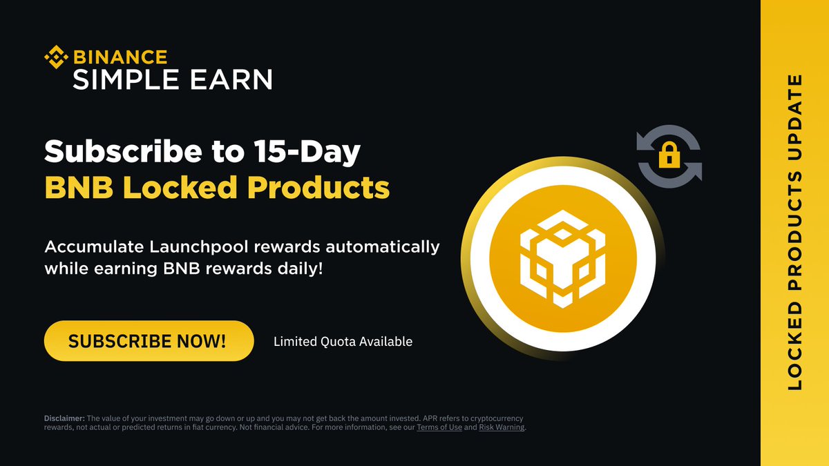 Binance is pleased to announce a Locked Products update on #BNB. Join by  subscribing to #BNB Locked Products to earn daily rewards and automatically  receive Launchpool rewards. Find out more 👉 https://t.co/bnkYrvMDhW