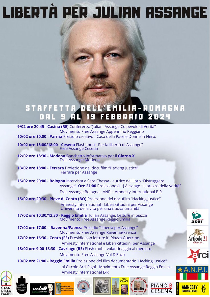 Staffetta dell’Emilia Romagna per Assange. Si ringraziano @Anpinazionale @amnestyinternational @Artventuno @ArciNazionale @Stella_Assange @miaslanides @FreeAssangeWave