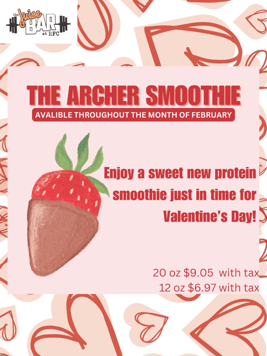 During February at the Juice Bar, enjoy a sweet new protein smoothier, The Archer - a strawberry smoothie made with chocolate protein, banana, and crushed Oreo.