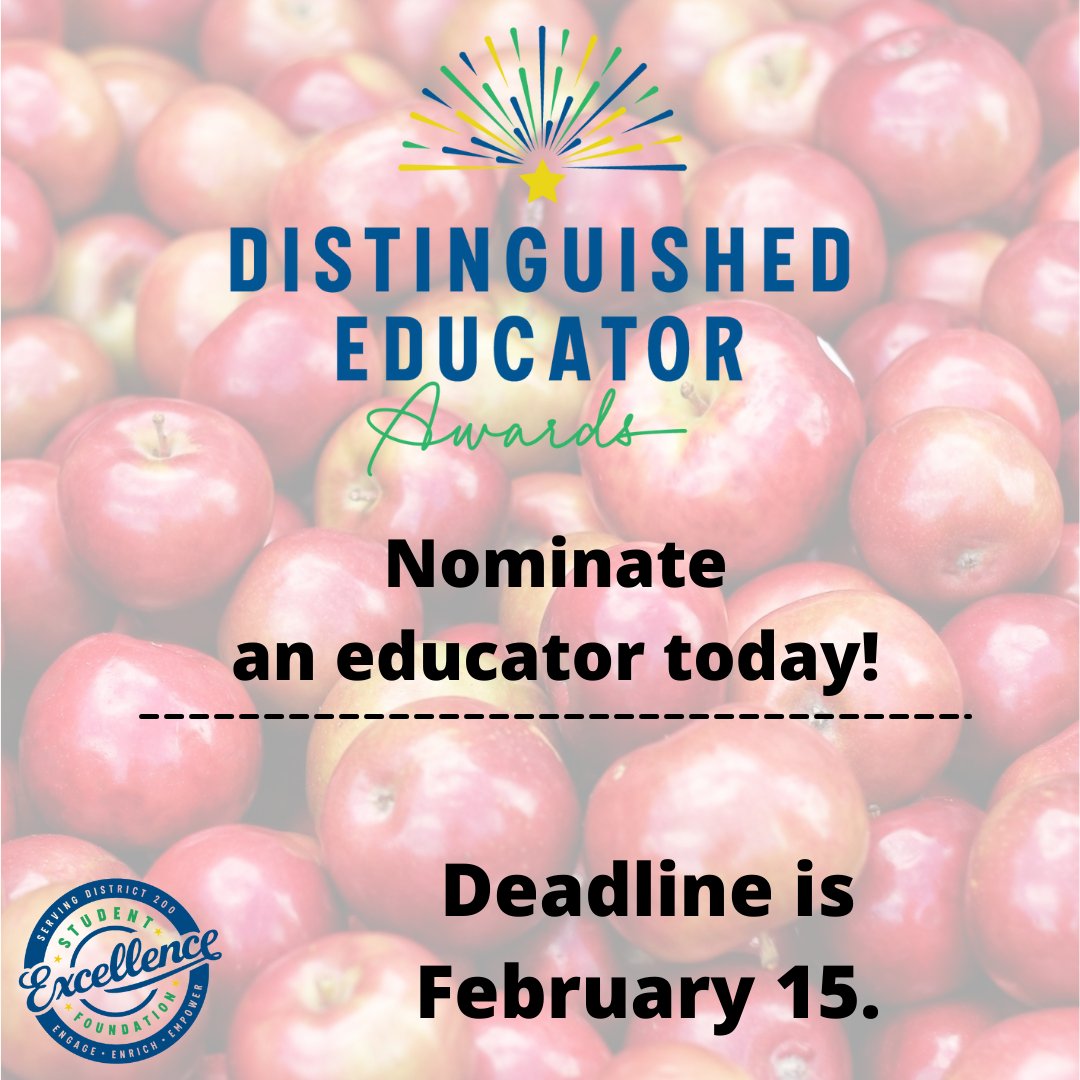 200Excellence's tweet image. One week left to nominate your @cusd200 2024 Distinguished Educators. Submissions can be made until February 15 and you may nominate more than one educator.  Click for more information, instructions, and the on-line nomination form: studentexcellencefoundation.org/recognizing-ed…

#enrich200