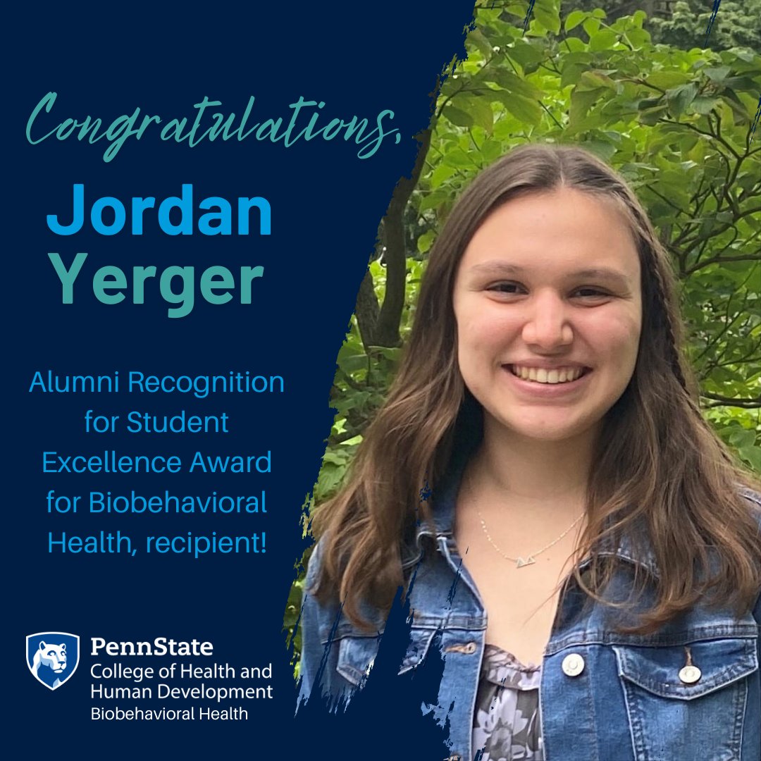 #PSUBBH undergrad, Jordan Yerger received the Alumni Recognition for Student Excellence Award for Biobehavioral Health! This award is presented to a senior in each dept. of the College for outstanding performance, achievement, & contributions within their major. Congrats, Jordan!