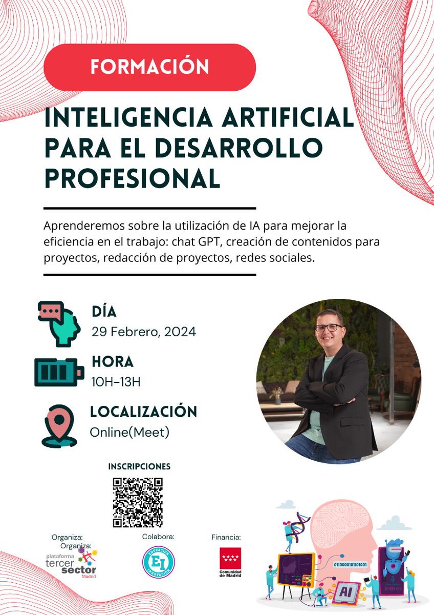 #Formación

🆙 ¿Quieres saber sobre Chat GPT, creación de contenidos, redes sociales con IA?

✍️Apúntate al curso de Inteligencia Artificial para el Desarrollo Profesional. ¡Te esperamos!

📲 Inscripciones: docs.google.com/forms/d/e/1FAI…