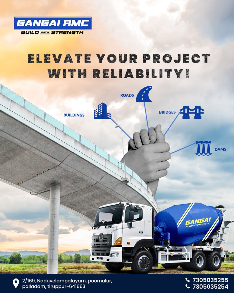 Elevate your Project with Reliability!
Buildings
Roads
Bridges
Dams

Gangai RMC
Ph: 7305035255 / 7305035254

#BuildingSuccess #ConcreteSolutions #ReadymixConcrete #SpecialConcretes #ConcreteBlocks #FlyashBricks #MSand #PSand #SolidFoundations #SuperiorStrength #GangaiRMC