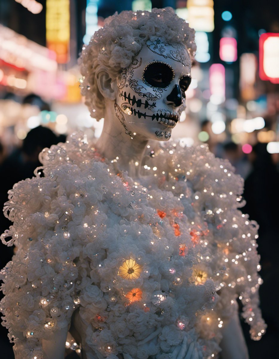 Happy Friday!

Here is another prompt share. This was made back in August with Dreamstudio - SDXL 1.0

📝 Prompt:
A Roman statue made of white wax with neon translucent crystals, wearing Dia de Muertos face paint, in a busy Tokyo street crossing at night, photo taken with a Kodak