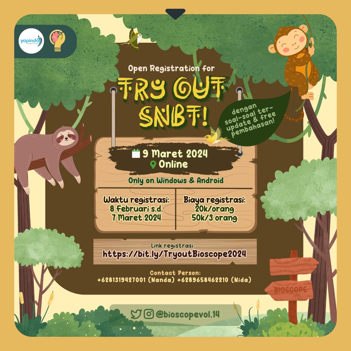 Bioscopevol14's tweet photo. [TRY OUT SNBT YAPINDO X BIOSCOPE REGISTRATION]

Hello Adventurers 👋🤠

So, we held a Try Out SNBT which is organized by Yapindo x Bioscope can be a forum for adventurers to learn more about SNBT !

Quick ! register yourself in the link below : 
https://t.co/QVYyQLFO99 https://t.co/ZeAoGRpxg3