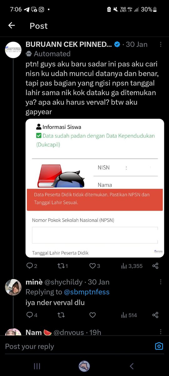 dnvous's tweet photo. @DearlyAnes Halo kak aku udh berhasil buat akun tinggal simpan permanen nah tp aku kasusnya kyk sender di foto ini, data sudah padan tp yg bawah itu tidak ditemukan juga, itu masih perlu verval nisn gak yaa? https://t.co/5DIVKWvXKC