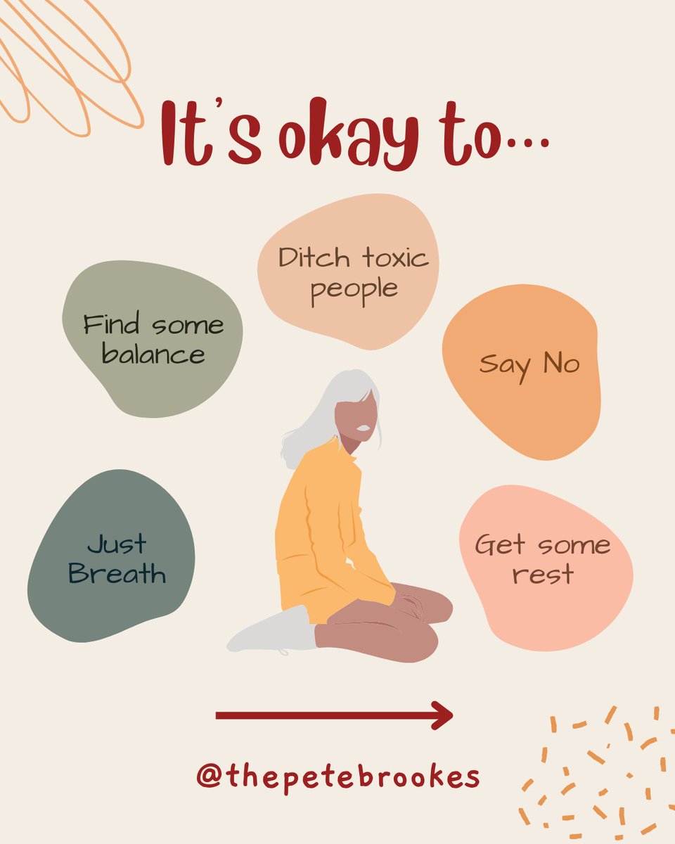 petebcoaching's tweet photo. It's okay to...

- Say No
- Just breath
- Ask for help
- Not be okay
- Be exhausted
- Get some rest
- Have bad days
- Make mistakes
- Ditch toxic people
- Find some balance

It's okay to protect our mental health at all costs.

What would you add? https://t.co/OU1JX88aiX